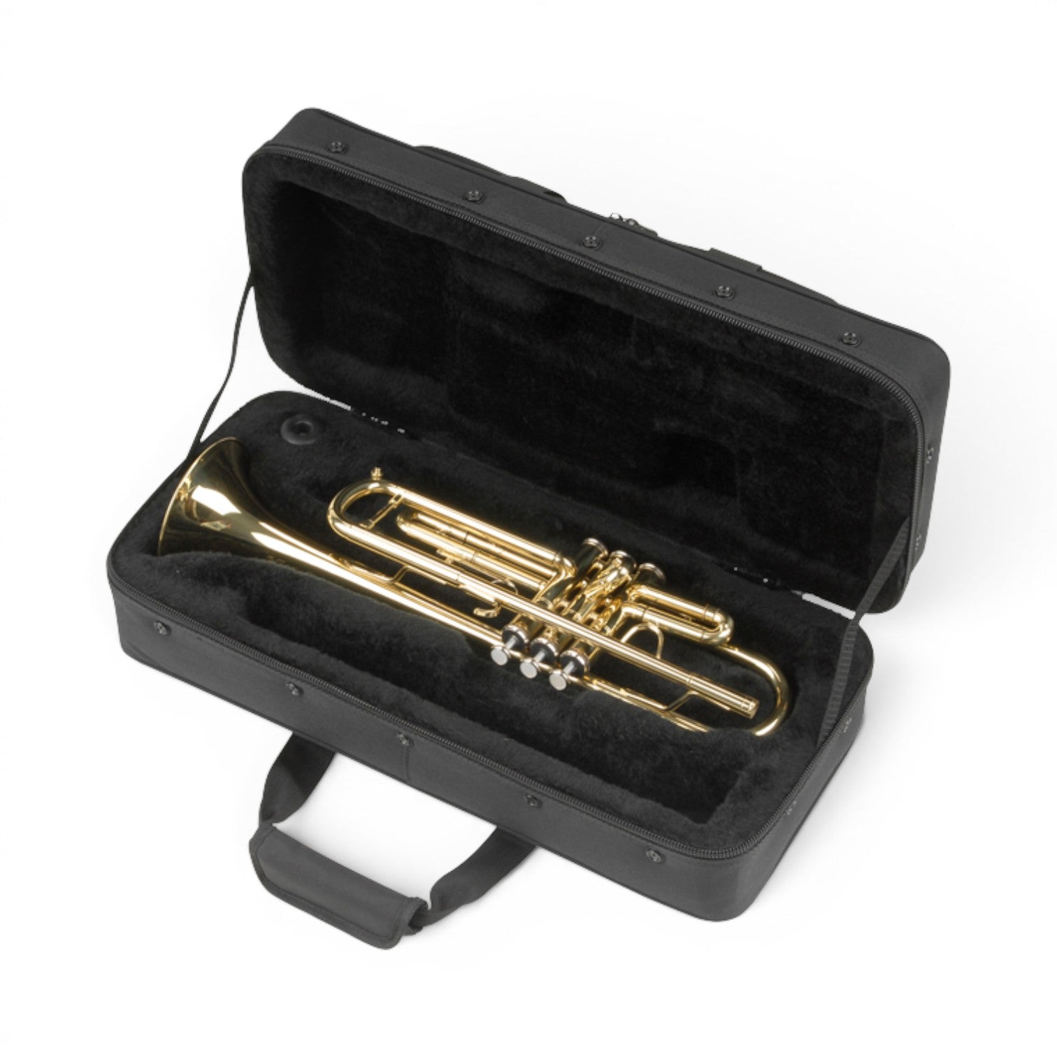 SKB Cases rectangular trumpet soft case with black nylon exterior and plush interior holding a brass trumpet