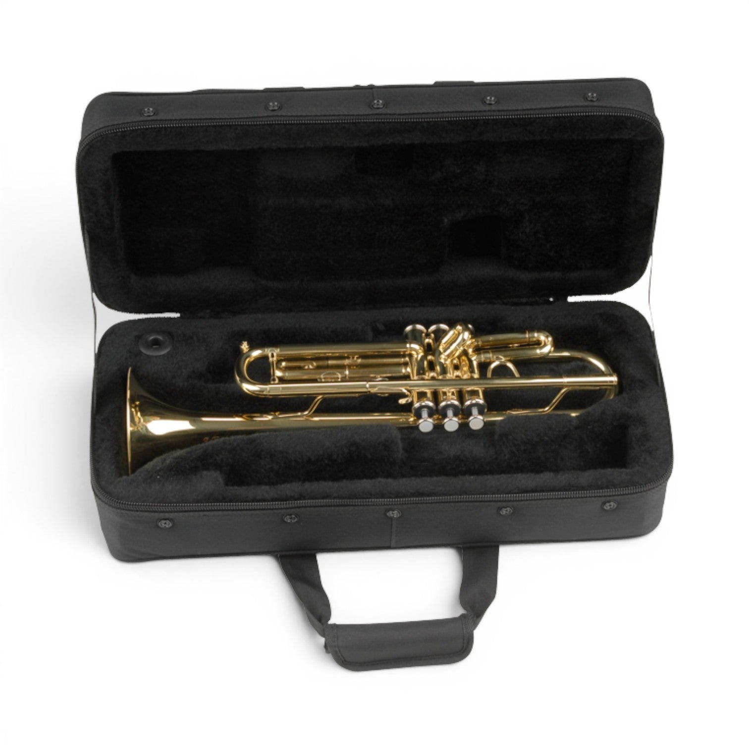 SKB Cases rectangular trumpet soft case with durable black nylon exterior and plush lined interior holding a trumpet