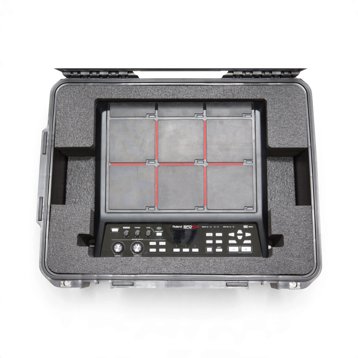 SKB Cases iSeries waterproof hard case with custom PE foam interior holding a Roland SPD-SX drum multi pad