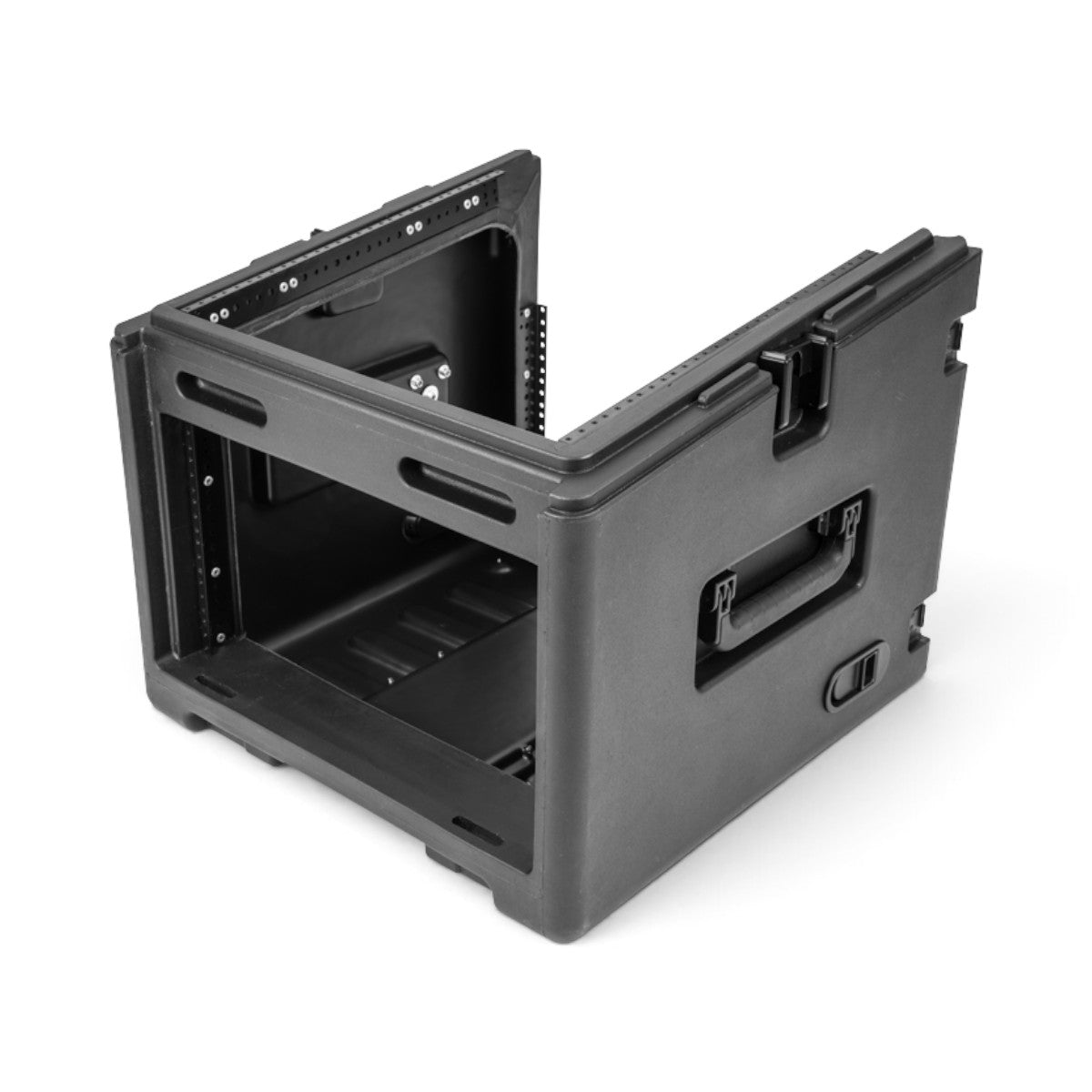SKB Cases 10U top and 6U front rolling rack case in black with injection-molded construction and TSA locking latches.