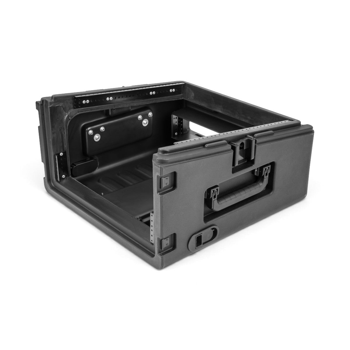 SKB Cases 10U top and 2U front rack rolling compact rig in black with TSA-accessible locking latches