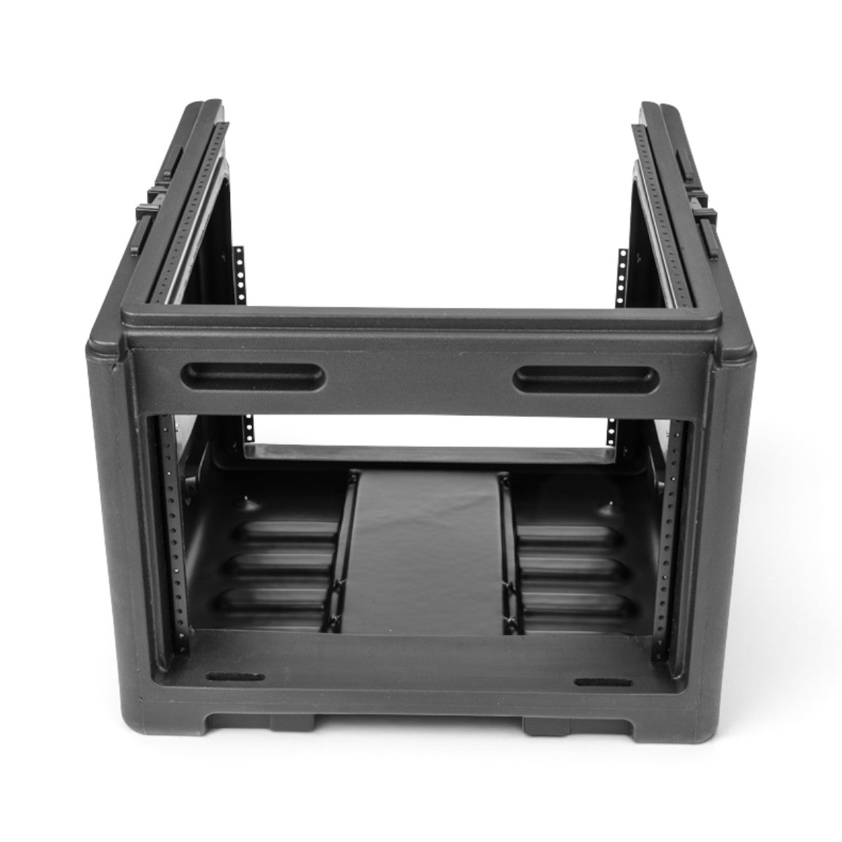 SKB Cases 10U top and 6U front rack rolling rig in black injection-molded plastic with TSA-accessible latches