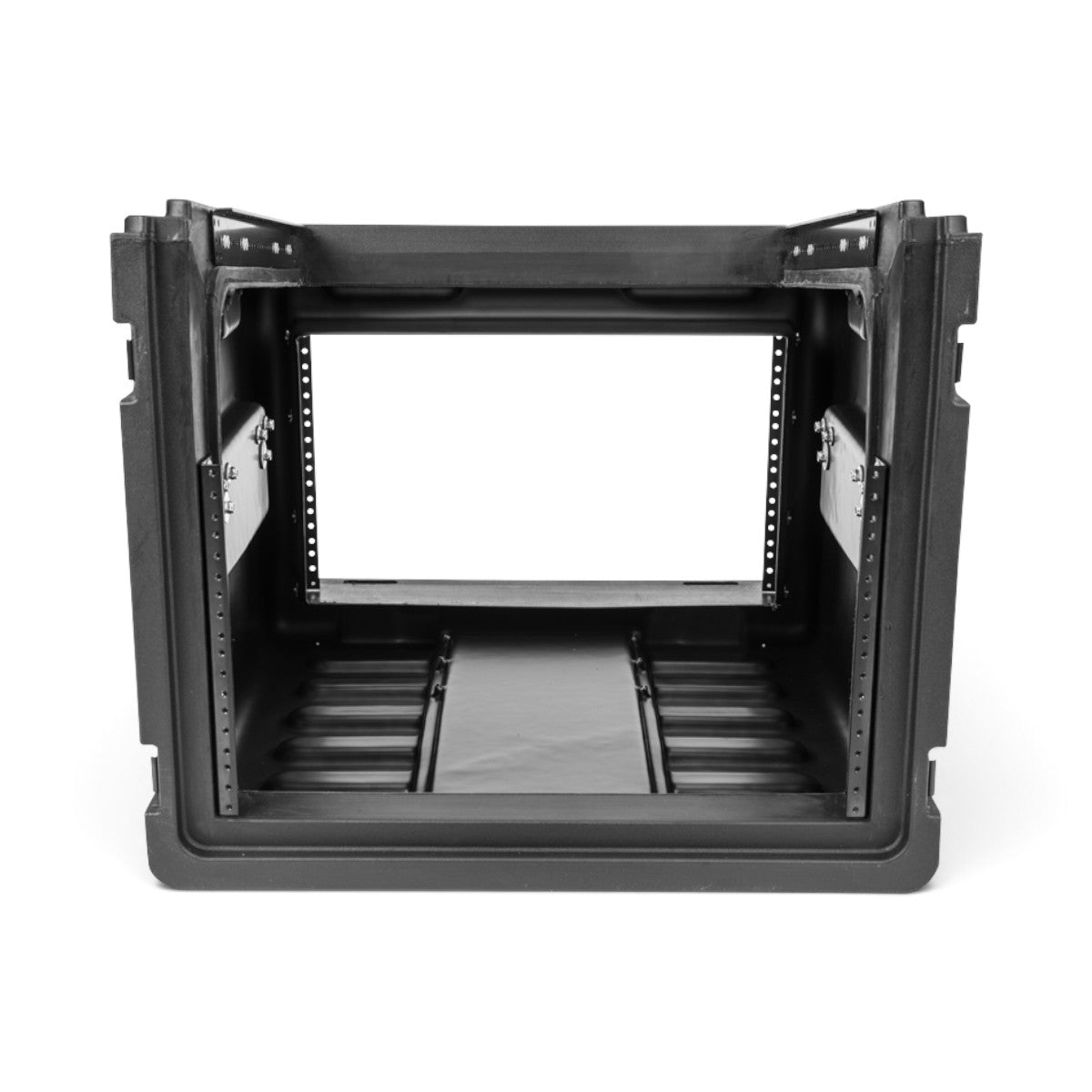 SKB Cases 10U top and 6U front rack rolling rig in black injection-molded plastic with metal rack rails.