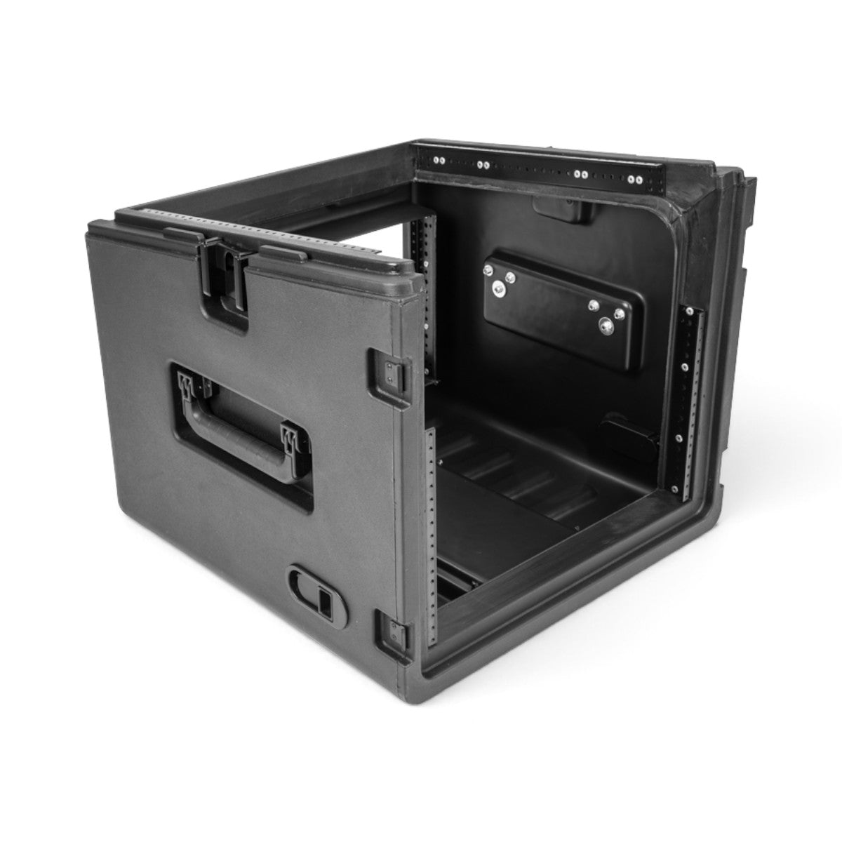 SKB Cases 10U top and 6U front rack rolling rig in black injection-molded plastic with TSA-accessible latches