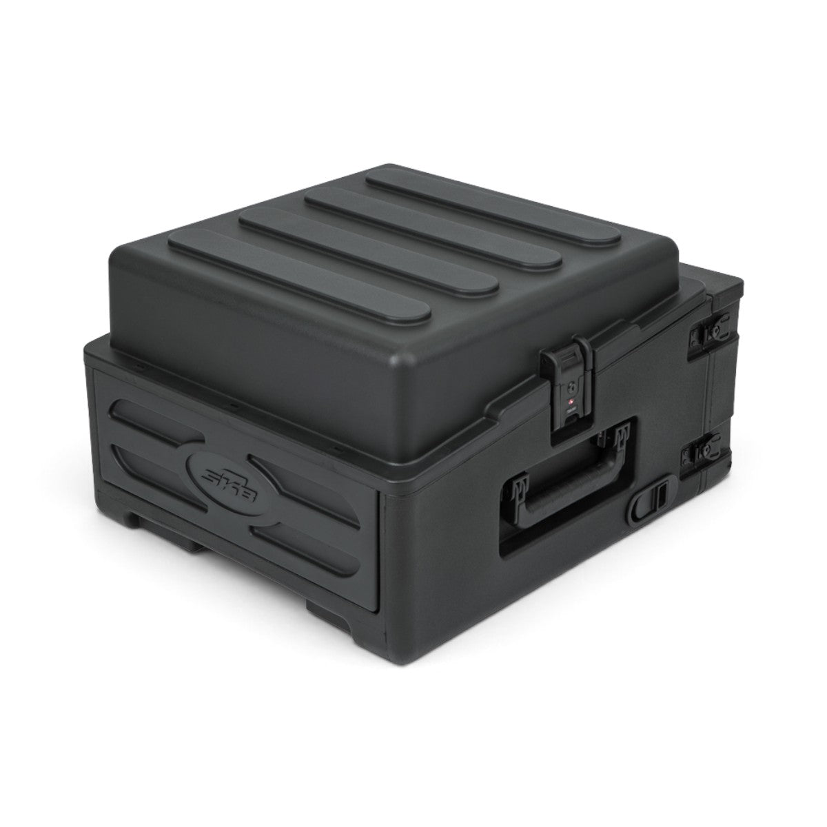 SKB Cases 10U top and 2U front rolling compact rack rig in black with TSA-accessible locking latches.