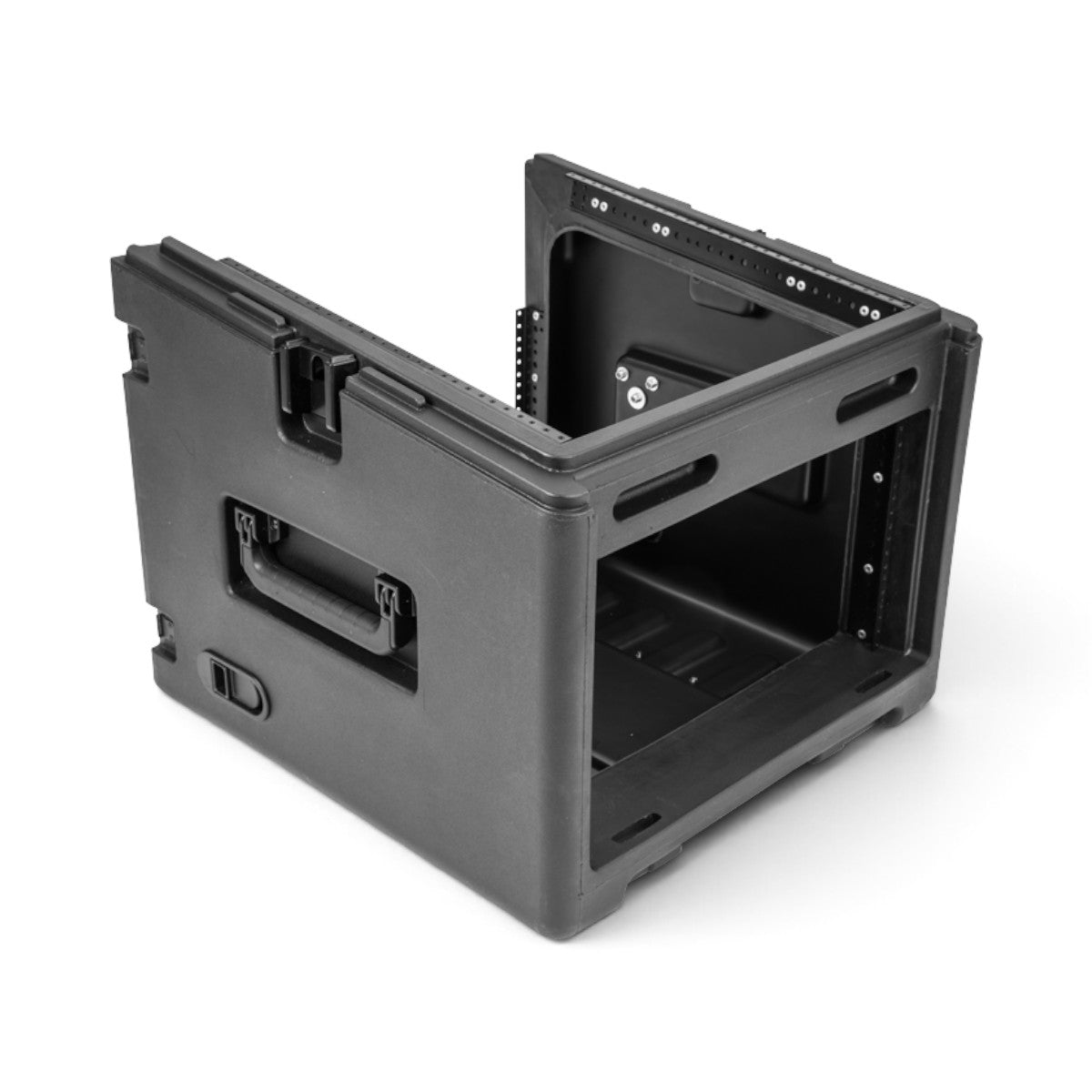 SKB Cases 10U top and 6U front rack rolling rig in black injection-molded plastic with TSA-accessible latches.