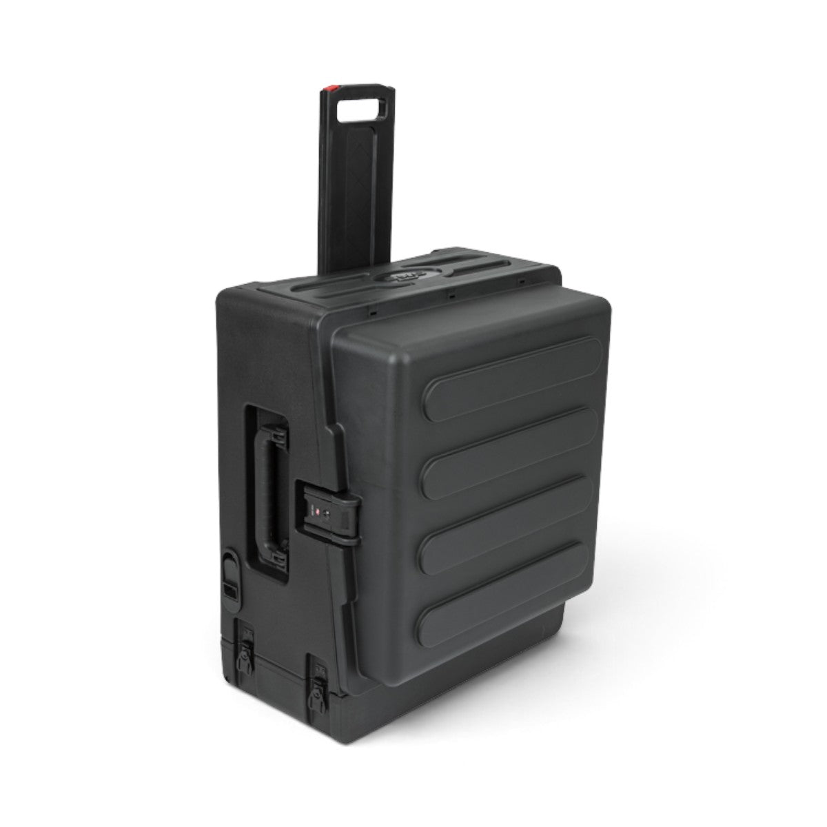 SKB Cases 10U top and 2U front rolling rack case in black with pull handle and TSA-approved locking latches.