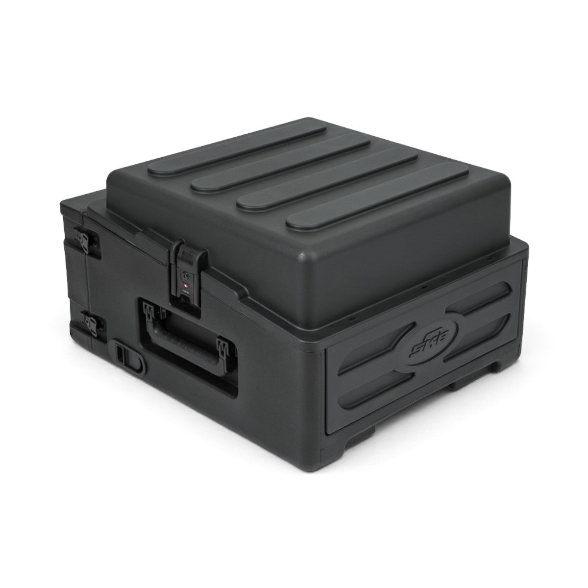 SKB Cases 10U top and 2U front rack rolling compact rig in black with TSA-accessible locking latches
