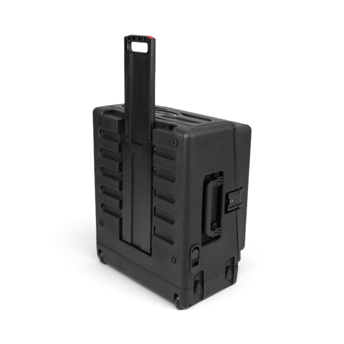 SKB Cases 10U top and 2U front rack rolling rig in black with pull handle and TSA-approved locking latches.
