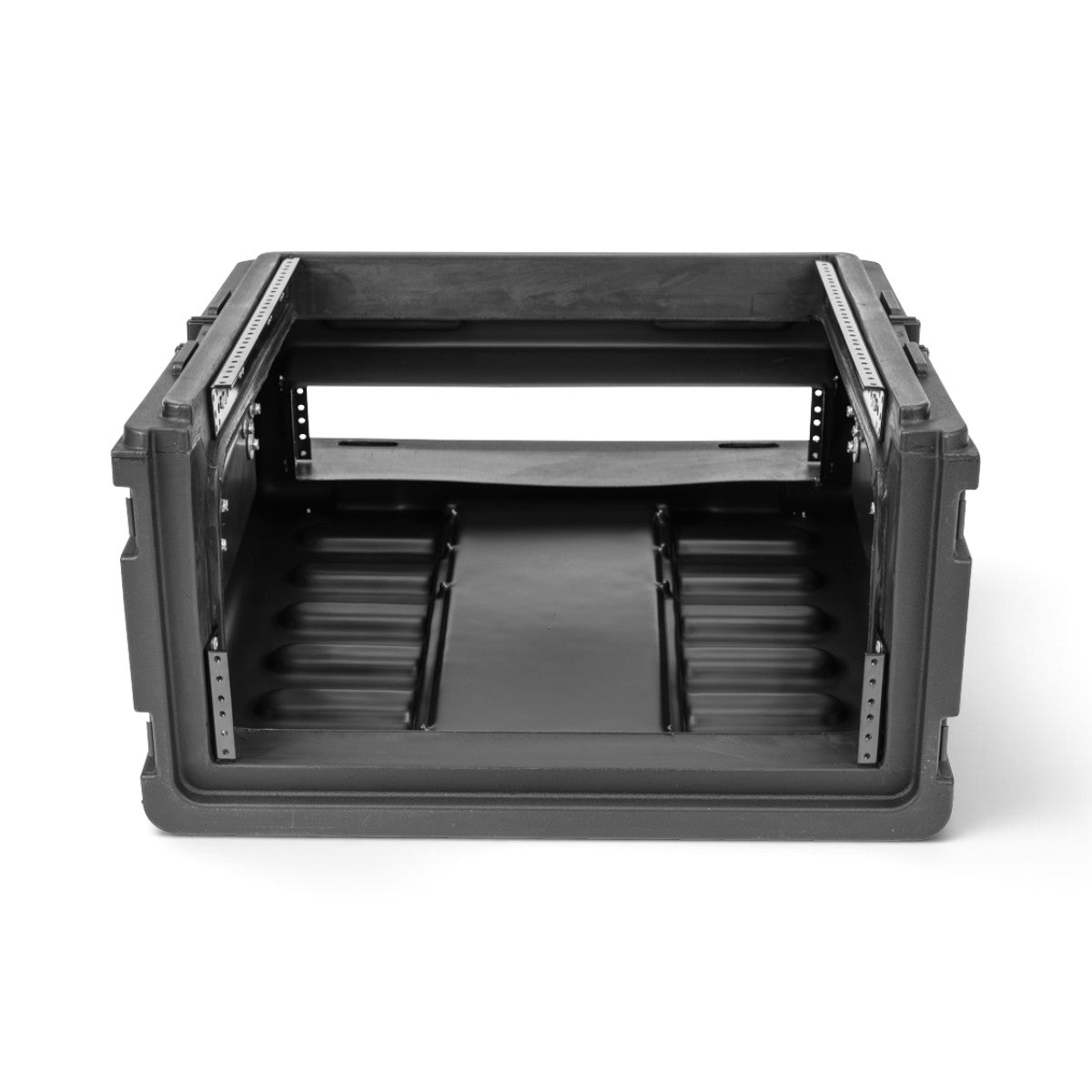 SKB Cases 10U top and 2U front and rear rack rolling rig in black injection-molded plastic with metal rack rails.