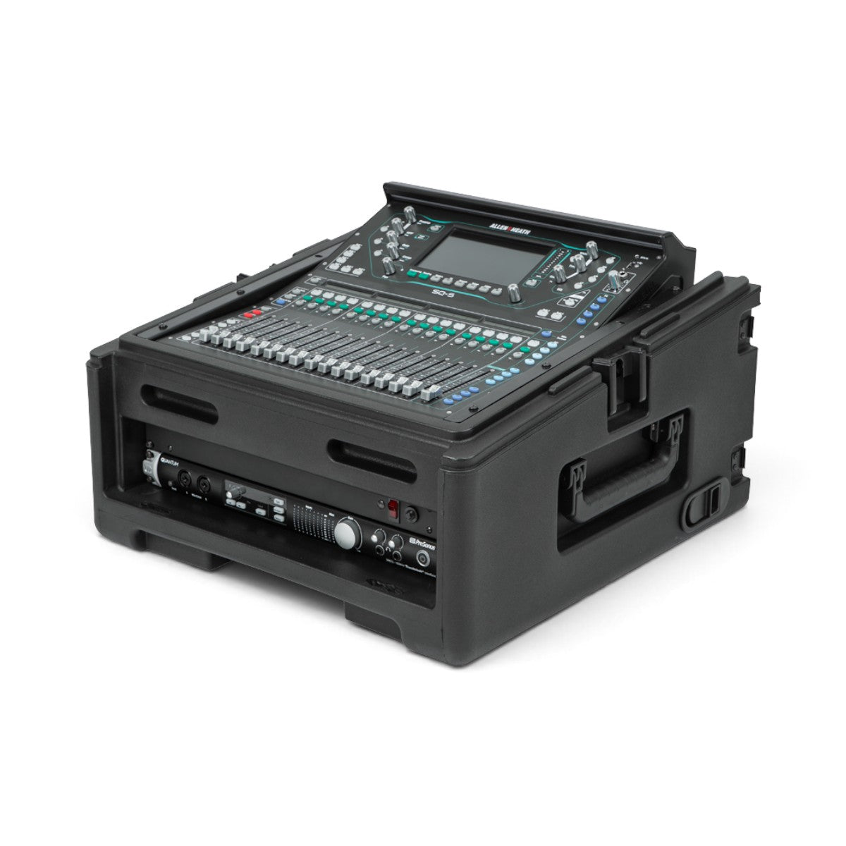 SKB Cases 10U top and 2U front rolling rack rig with a black injection-molded exterior and TSA locking latches.