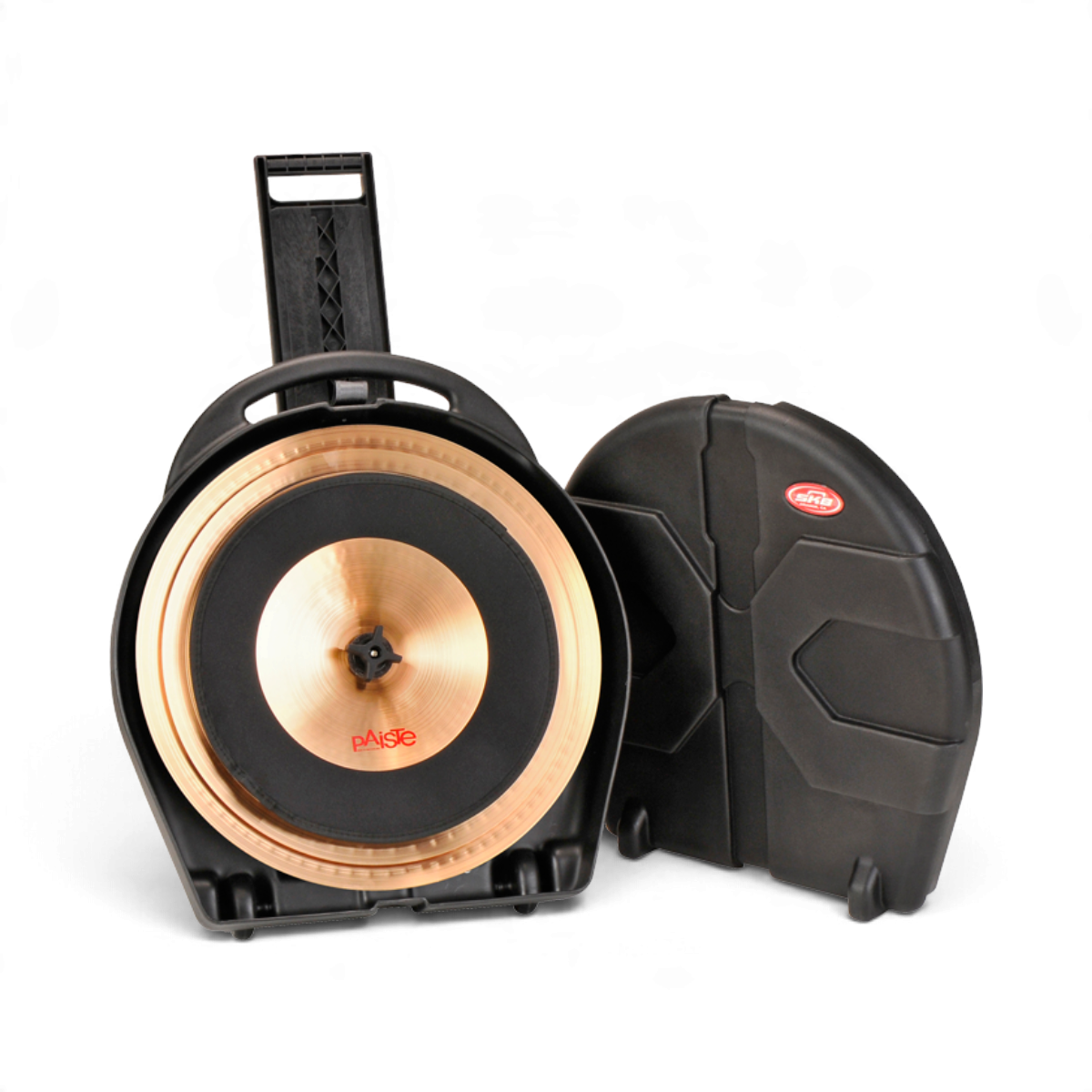 SKB Cases 22-inch rolling cymbal vault with a bronze cymbal mounted on the center post and the black lid beside it.