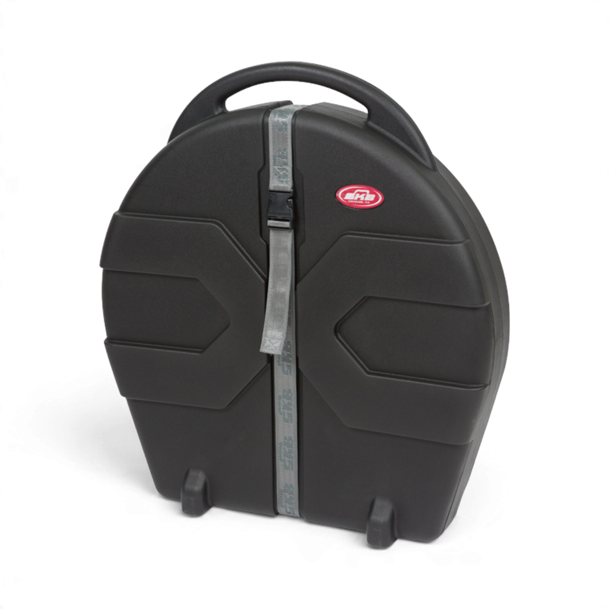 SKB Cases Rolling Cymbal Vault in black with X-pattern molded exterior, heavy-duty strap, and integrated handle.