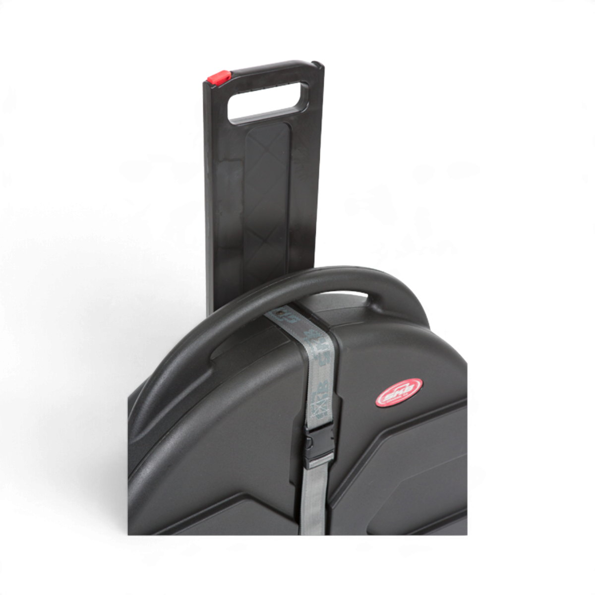 SKB Cases Rolling Cymbal Vault with black Roto molded shell, pull handle, and heavy-duty web strap closure.