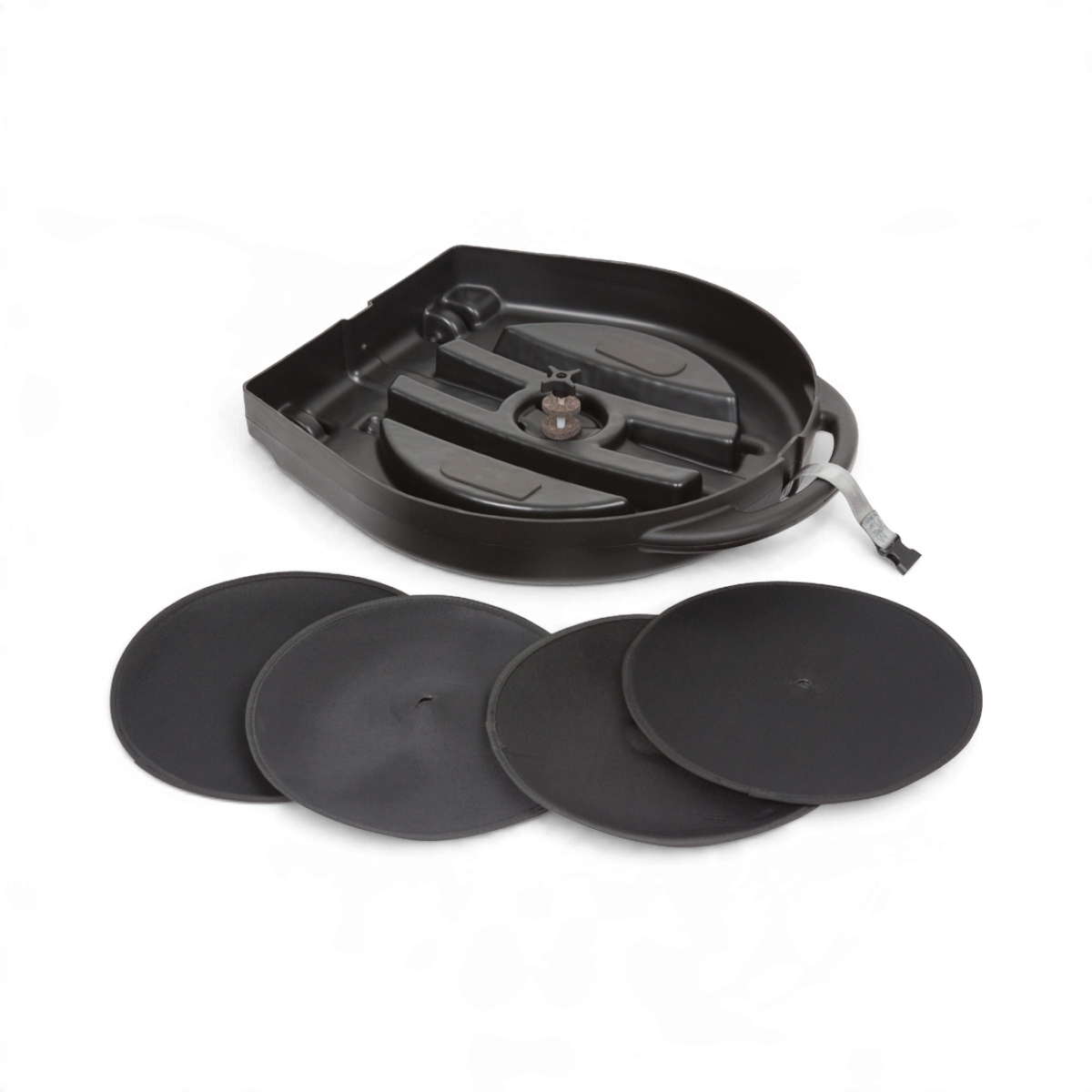 SKB Cases rolling cymbal vault with black roto-molded construction and four protective circular cymbal pads.