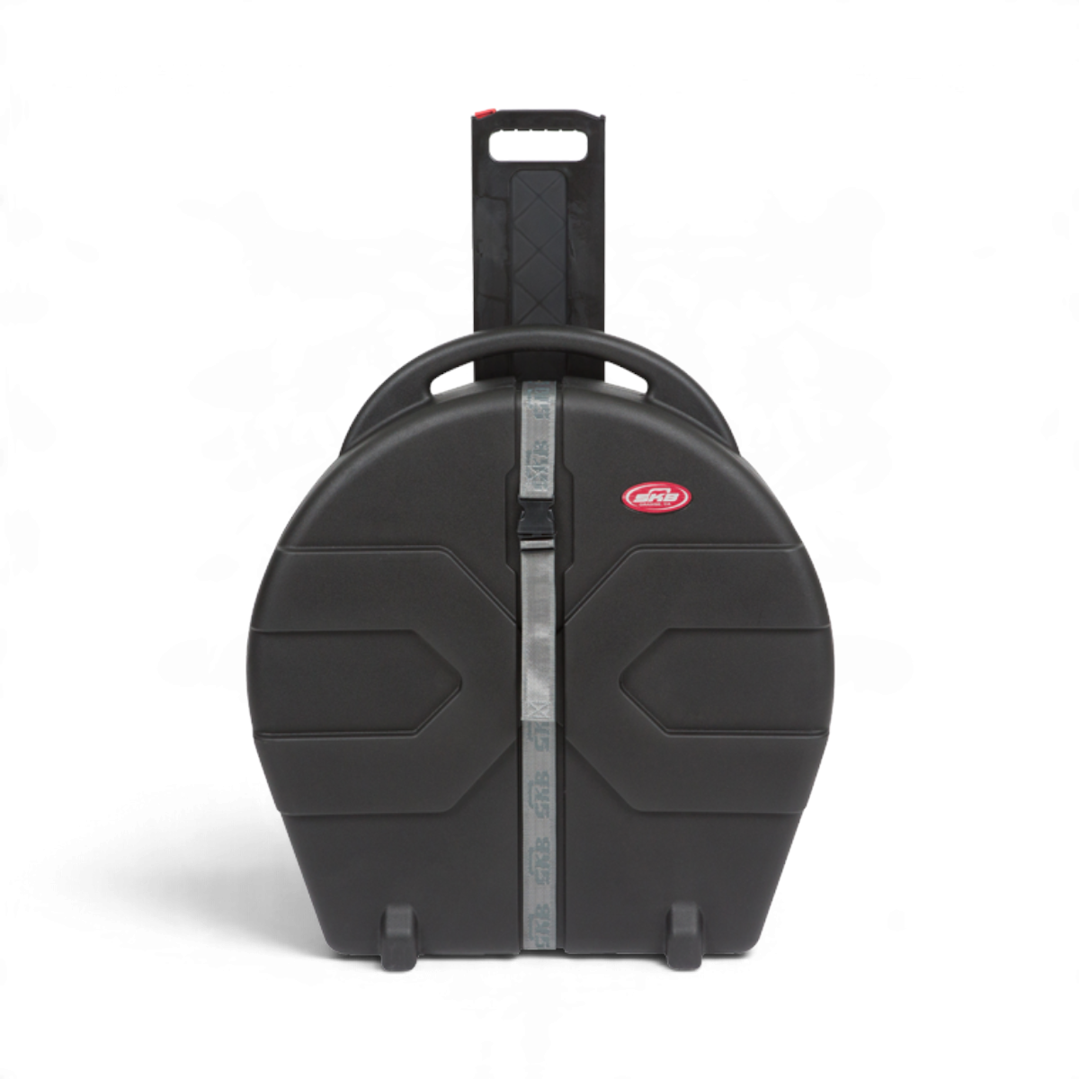 SKB Cases Rolling Cymbal Vault in black with Roto molded X pattern, pull handle, and heavy-duty web strap closure.