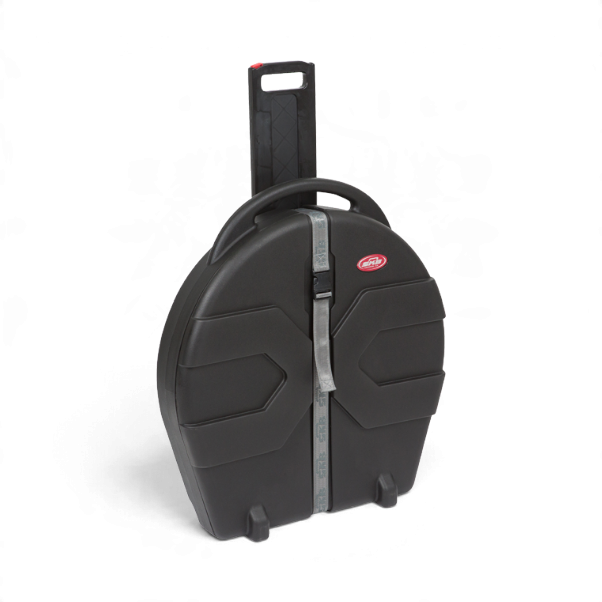 SKB Cases Rolling Cymbal Vault in black with Roto molded X pattern, pull handle, and heavy-duty strap closure.