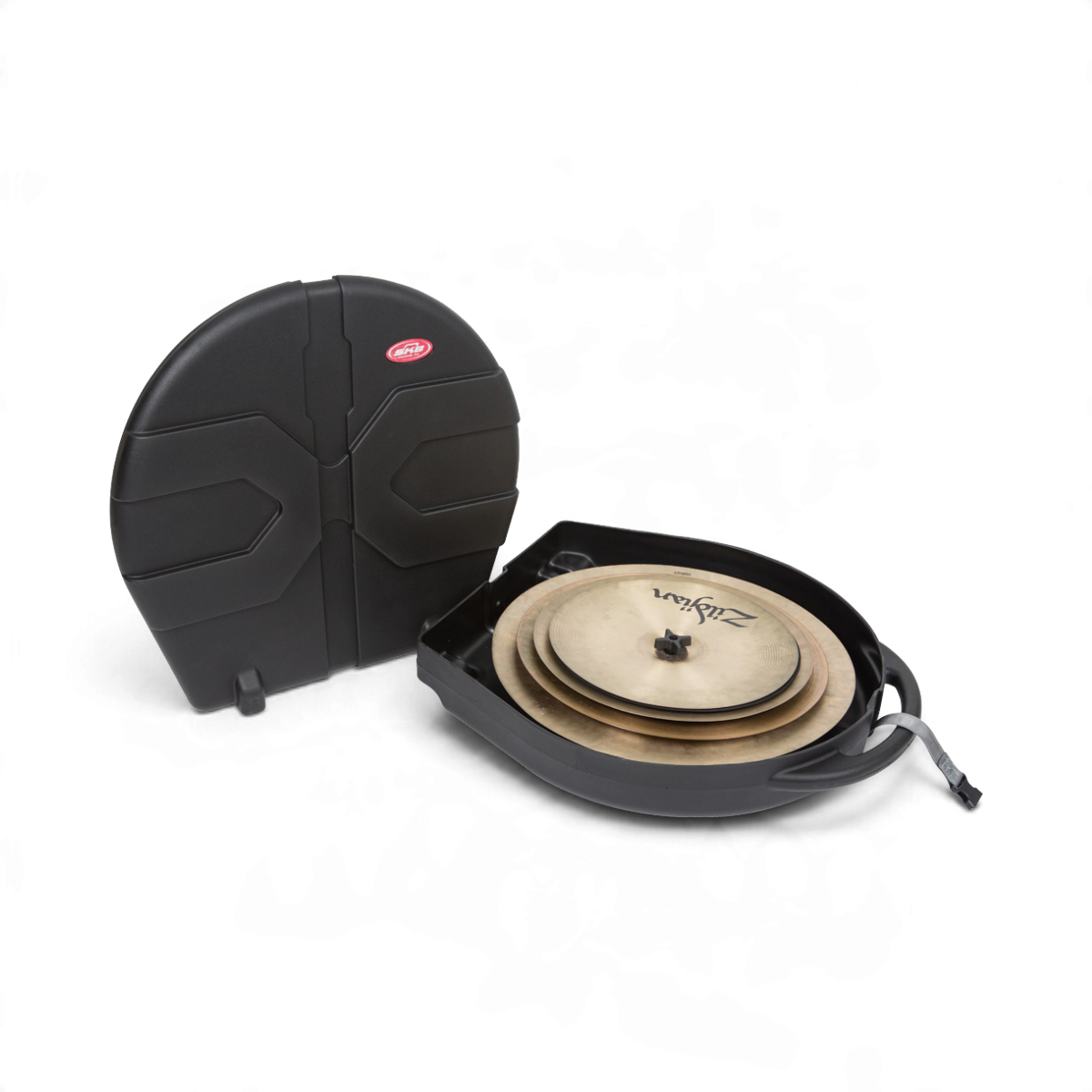 SKB Cases Rolling Cymbal Vault with open lid showing stacked cymbals inside the durable black Roto-molded case
