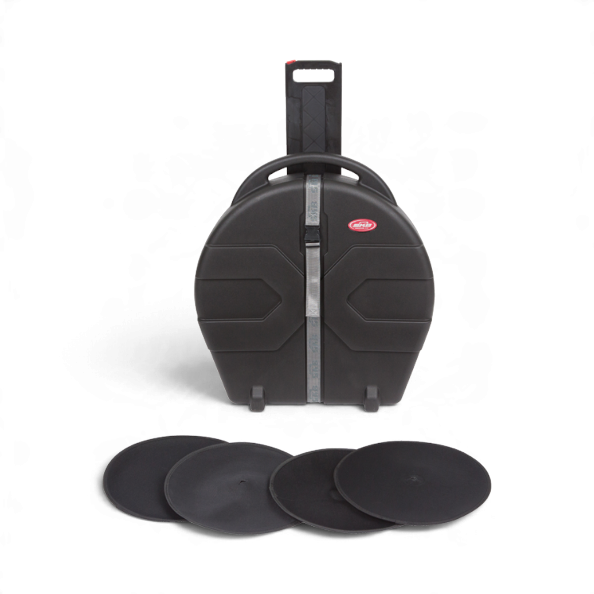 SKB Cases rolling cymbal vault with X-pattern molded exterior, pull handle, and four protective cymbal pads.