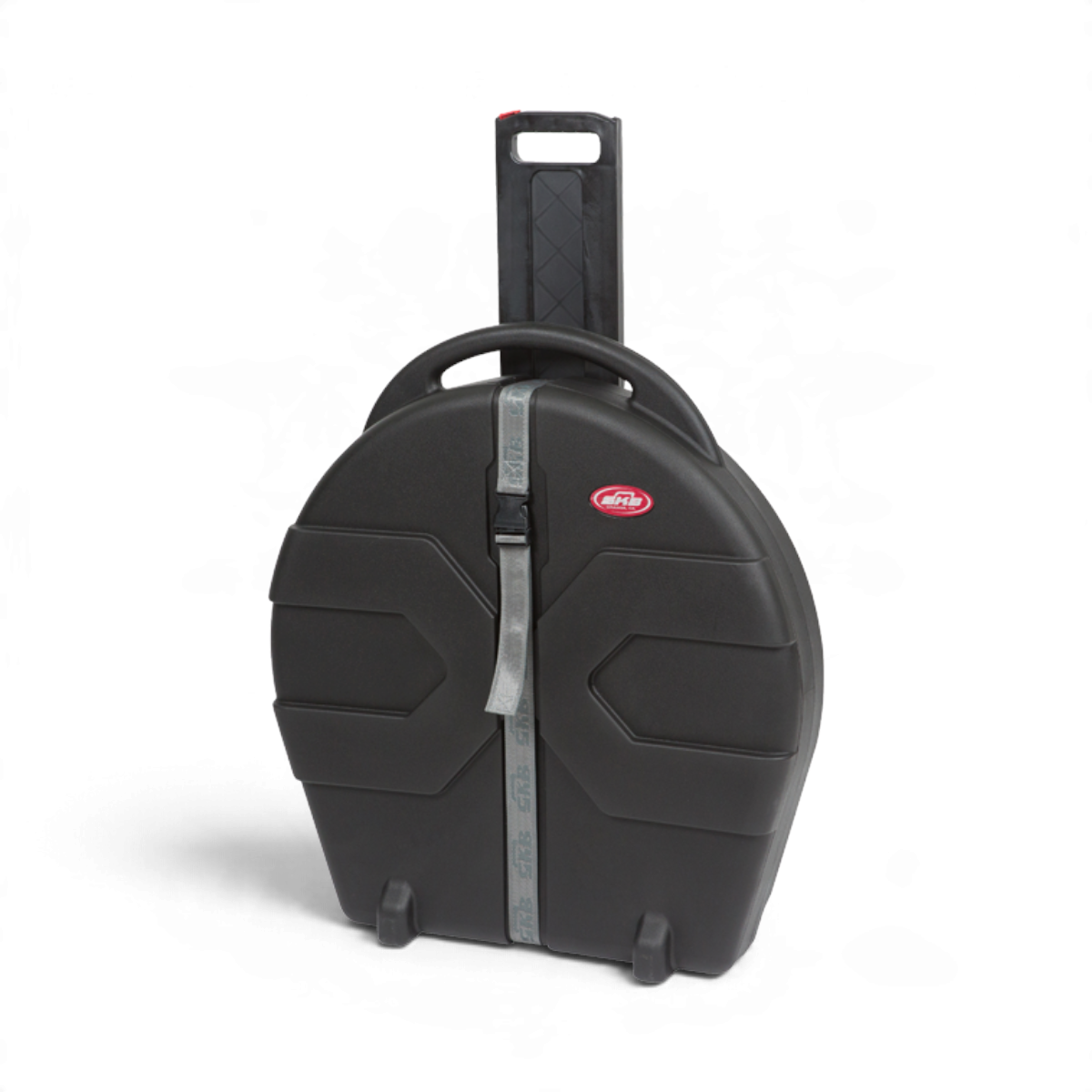 SKB Cases rolling cymbal vault in black with Roto molded X pattern, pull handle, and heavy-duty web strap closure.