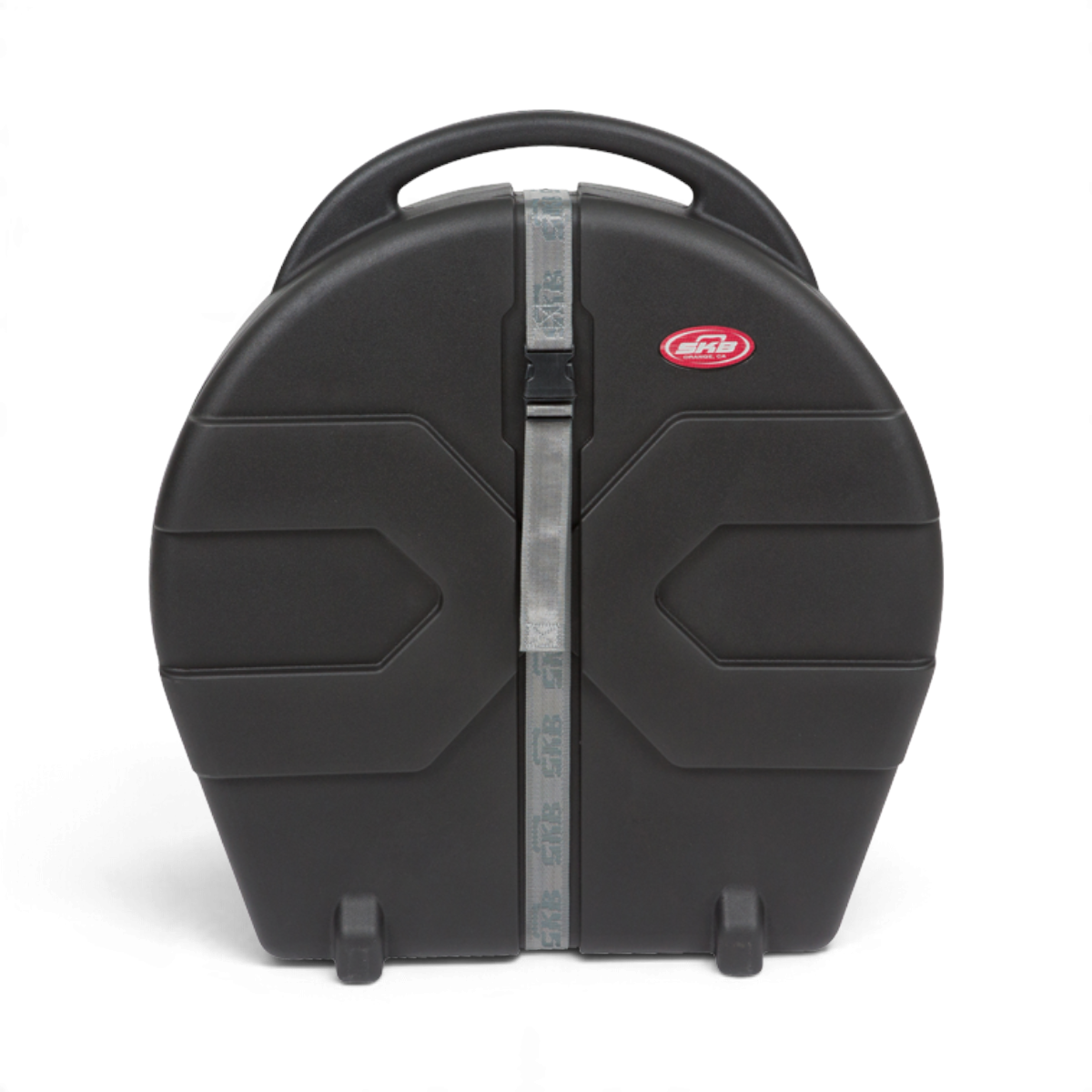 SKB Cases black Roto molded rolling cymbal vault with X pattern design and heavy-duty strap closure
