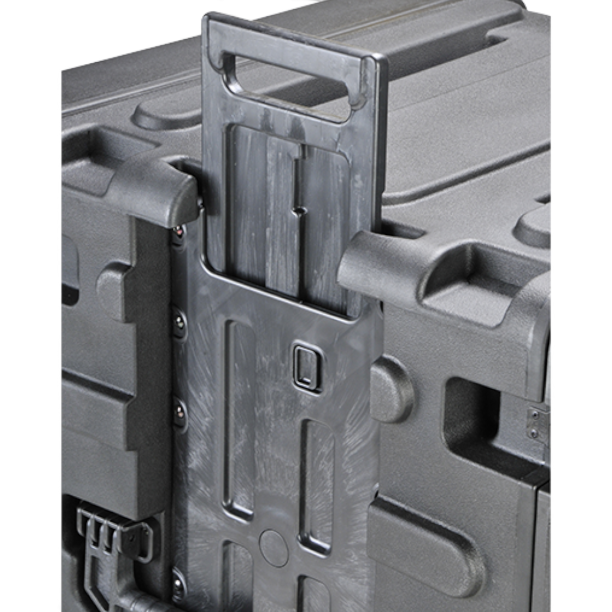 SKB Cases 12U 20-inch deep rolling shock rack featuring a durable black molded shell and retractable pull handle