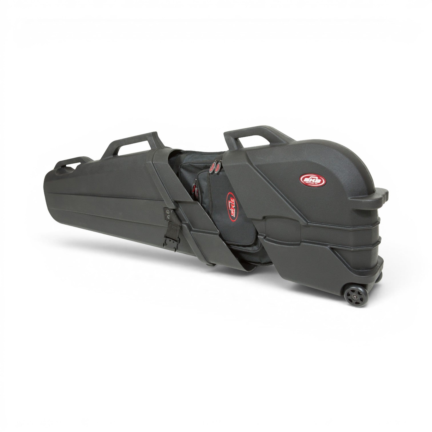 SKB Cases black roto-molded electric bass guitar hard case with TSA-approved locking latches and integrated wheels.