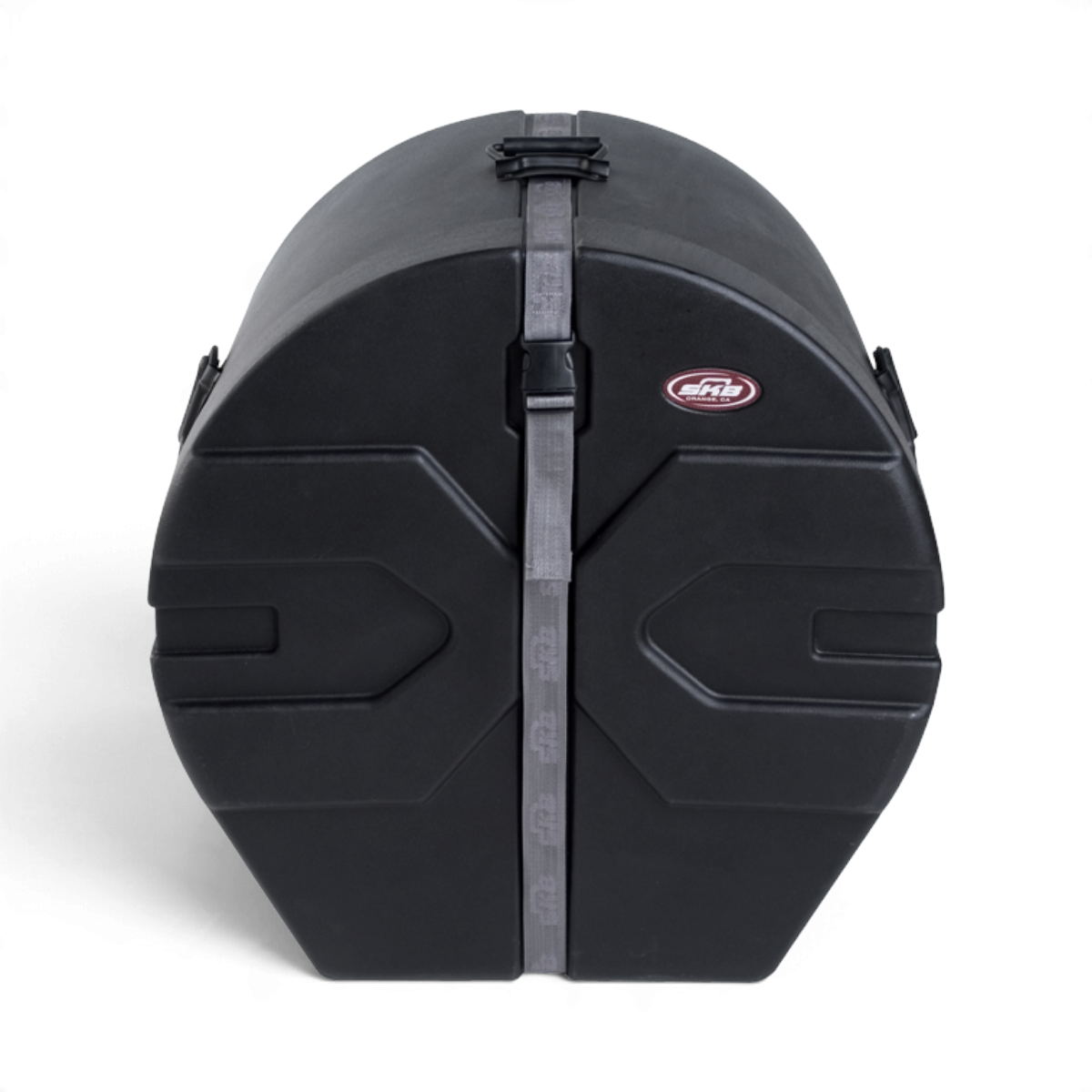 SKB Cases 20 x 22 roto-molded black bass drum case with D-shaped design, stacking pattern, and secure strap closure.