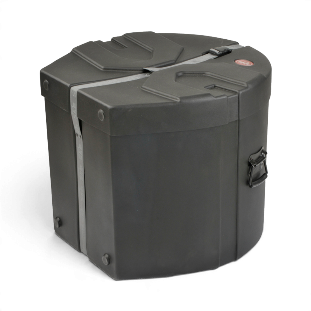 SKB Cases 18 x 22 roto-molded black D-shaped bass drum case with secure straps and padded interior for protection.