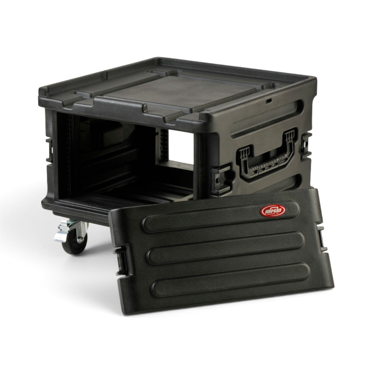 SKB Cases black roto molded rack expansion case with wheels and removable front cover on a white background