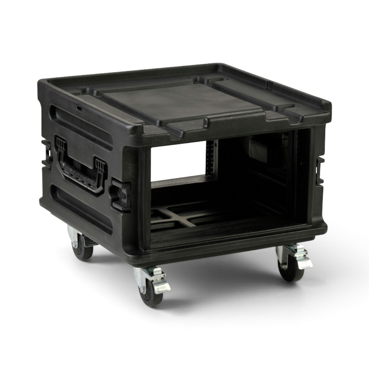SKB Cases black roto molded rack expansion case with heavy-duty wheels and TSA-approved locking latches.