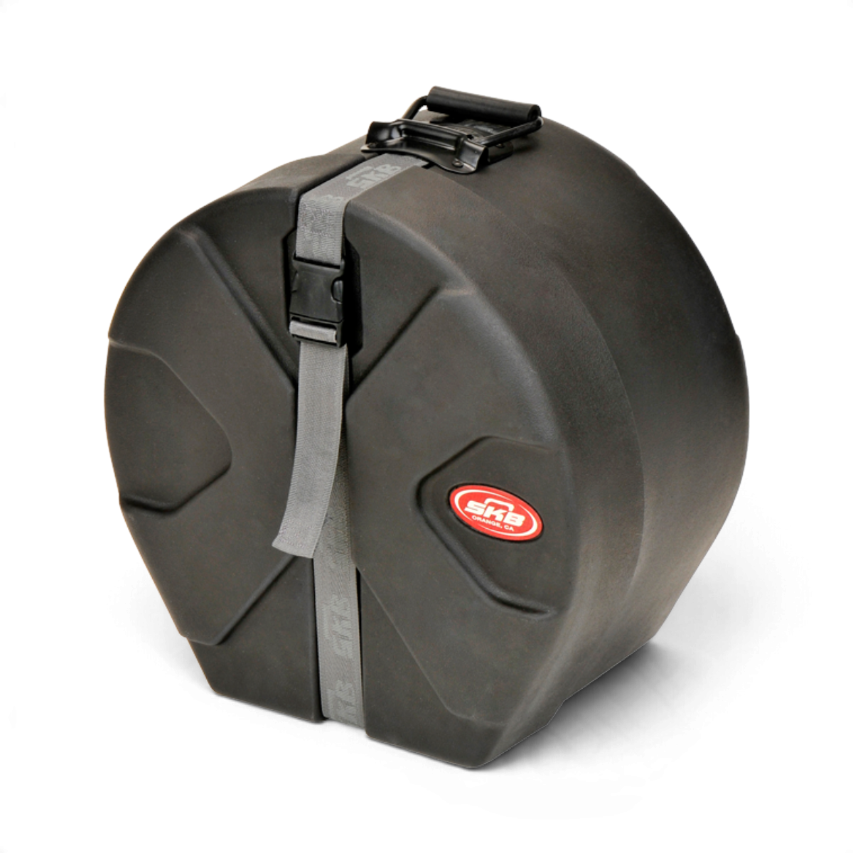 SKB Cases 6.5 x 13 snare drum case in black roto-molded plastic with Roto-X pattern and secure grey strap closure.
