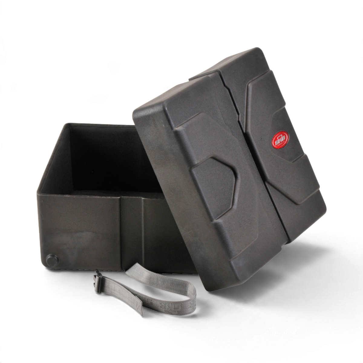SKB Cases Roto snare drum case in black with Roto-X pattern, padded interior, and secure strap on white background