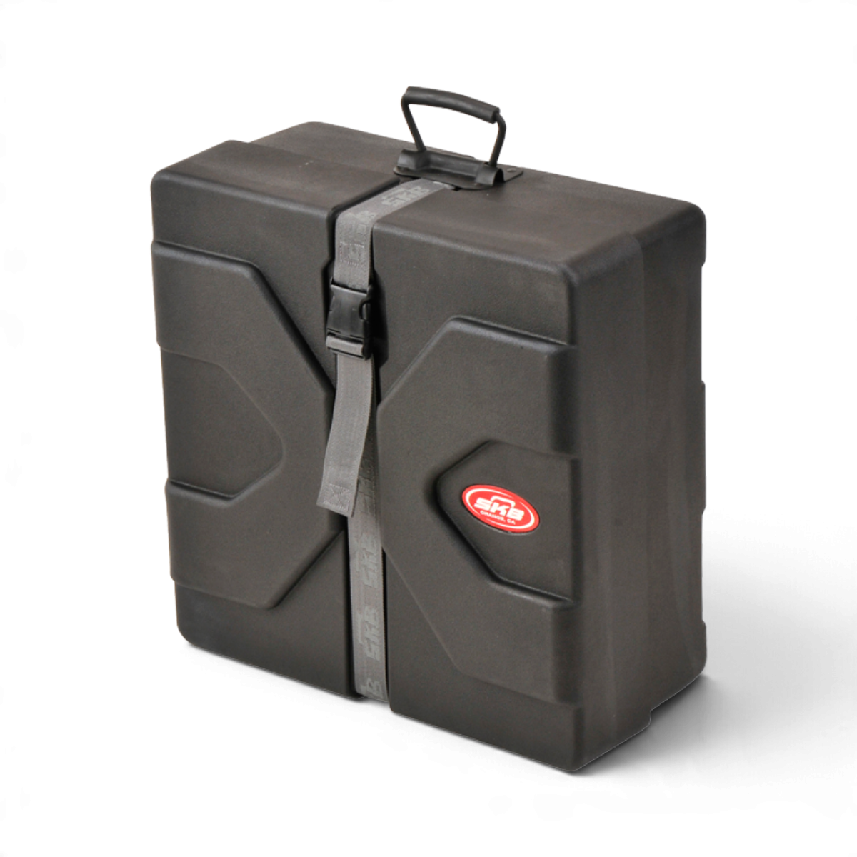 SKB Cases Roto snare drum case in black with Roto-X pattern, secure buckle strap, and top carry handle.