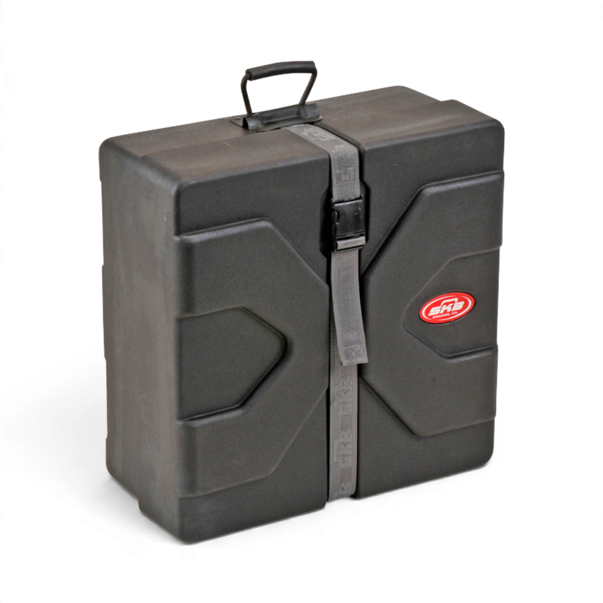 SKB Cases black roto-molded square snare drum case with Roto-X pattern, secure strap, and top carry handle.