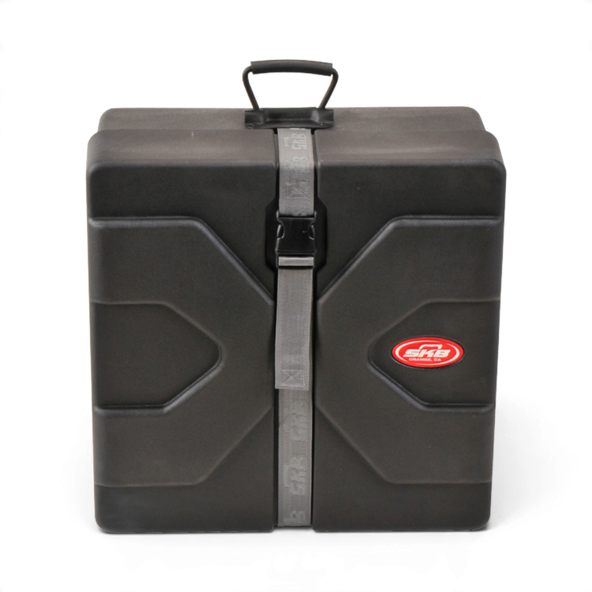 SKB Cases black roto-molded square snare drum case with a secure strap, top handle, and durable Roto-X pattern design.