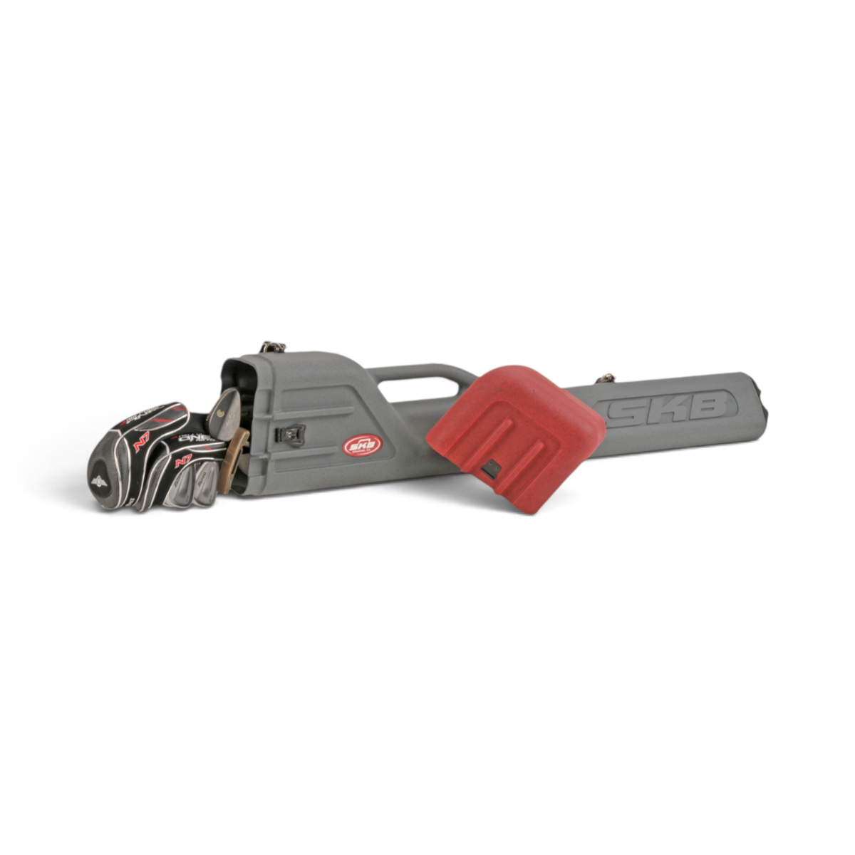SKB Cases Roto Sunday golf travel case in grey polypropylene with clubs inside and a red protective end cap.