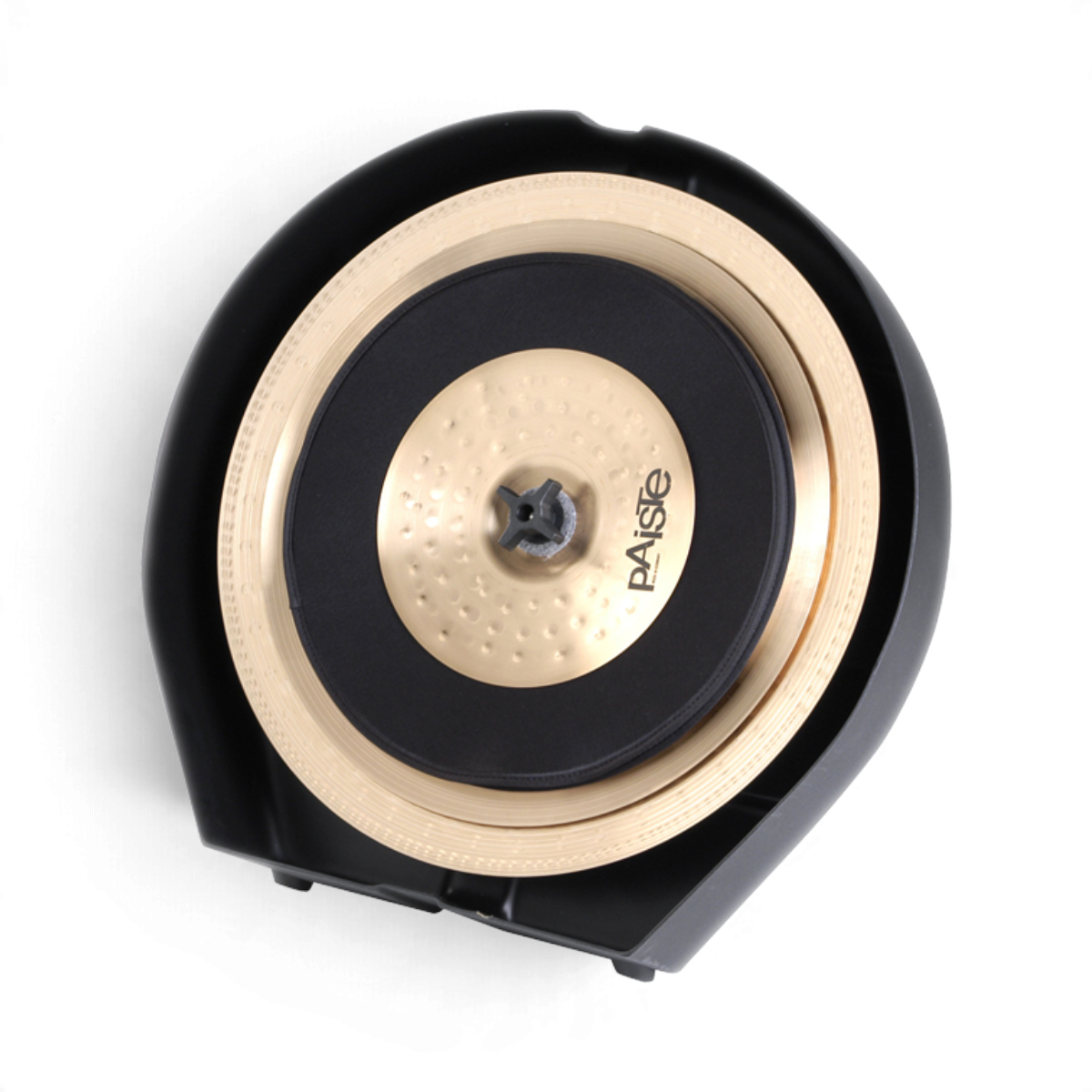 SKB Cases Roto X Cymbal Vault holding gold cymbals with protective pads, top-down view on white background
