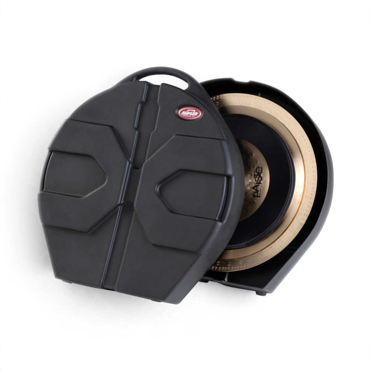 SKB Cases Roto X Cymbal Vault in black with a stack of brass cymbals inside, featuring a durable molded design.