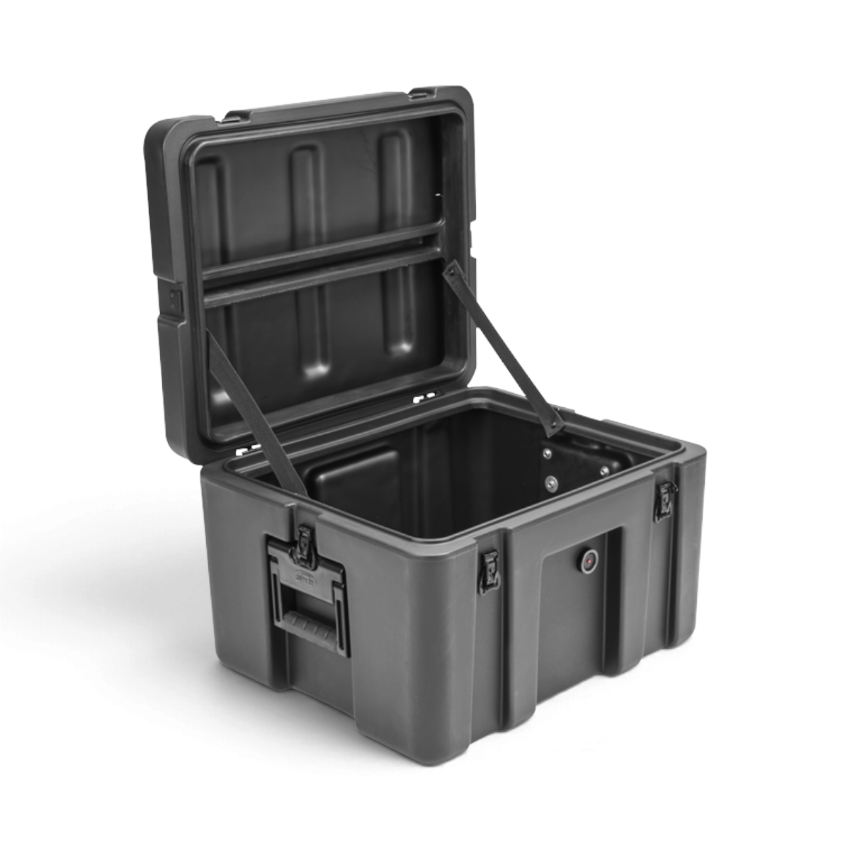 SKB Cases rSeries 1815-13 military-grade black roto-molded LLDPE equipment case with open lid and stainless latches.