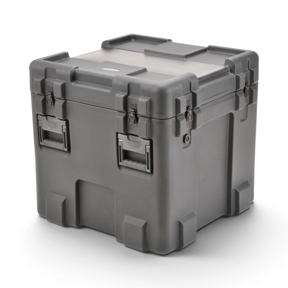 SKB Cases rSeries 2424-24 military-grade grey roto-molded LLDPE waterproof shipping case with stainless steel latches.