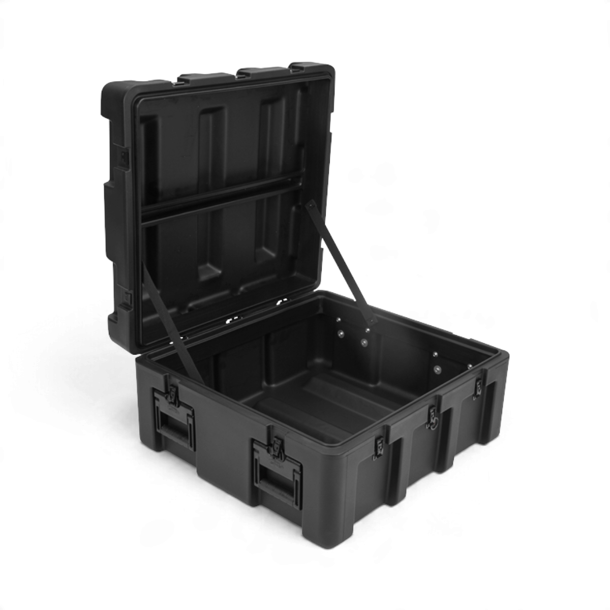 SKB Cases rSeries 2624-11 black roto-molded mil-spec equipment case with open lid and stainless steel latches