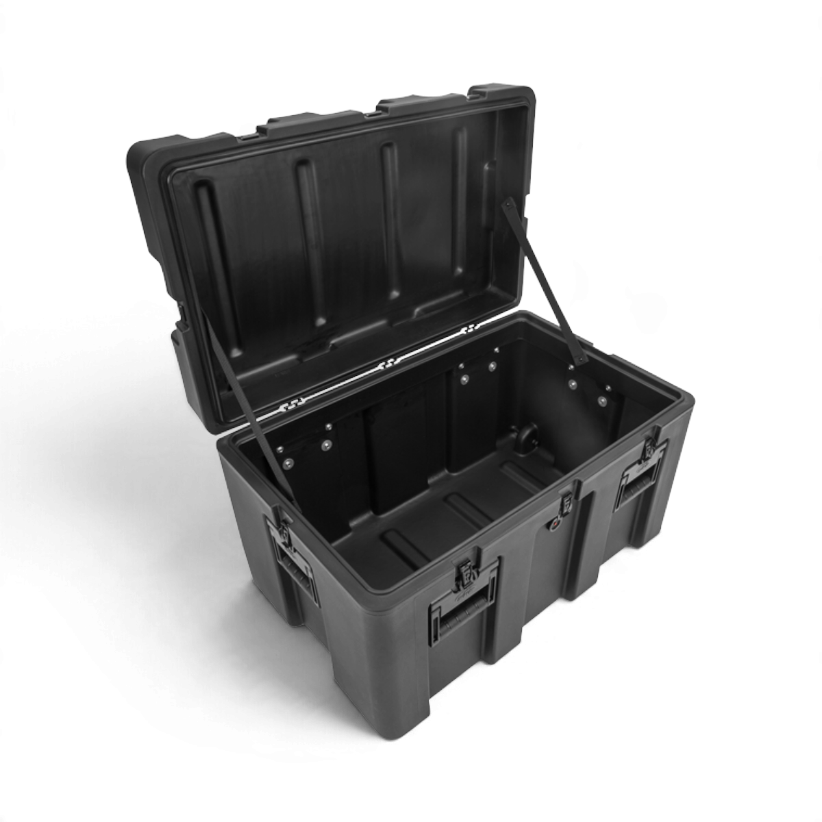 SKB Cases rSeries 3018-20 black roto-molded mil-spec shipping case with open lid and durable stainless steel latches