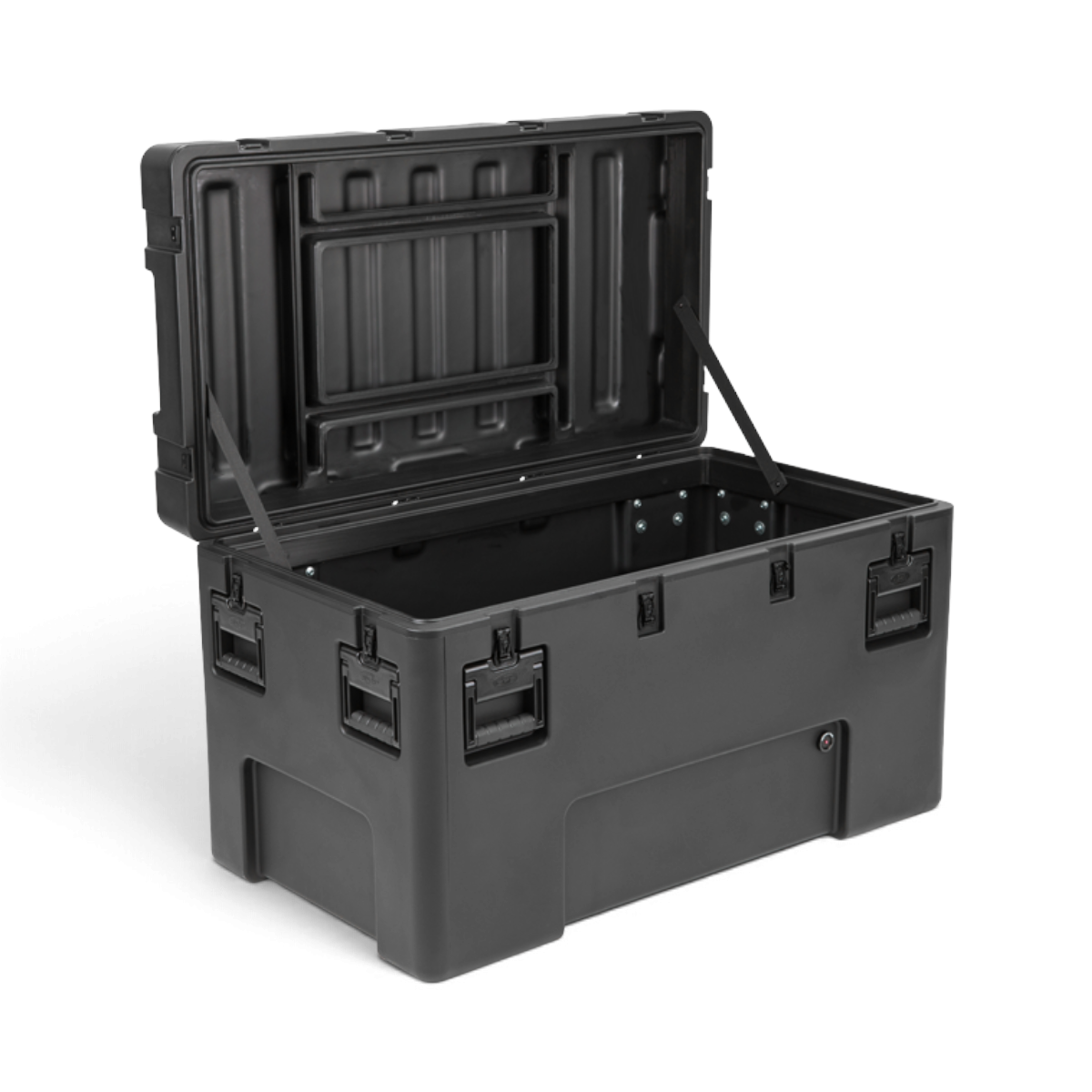 SKB Cases rSeries 4222-24 black roto-molded military-standard shipping case with open lid and stainless steel latches