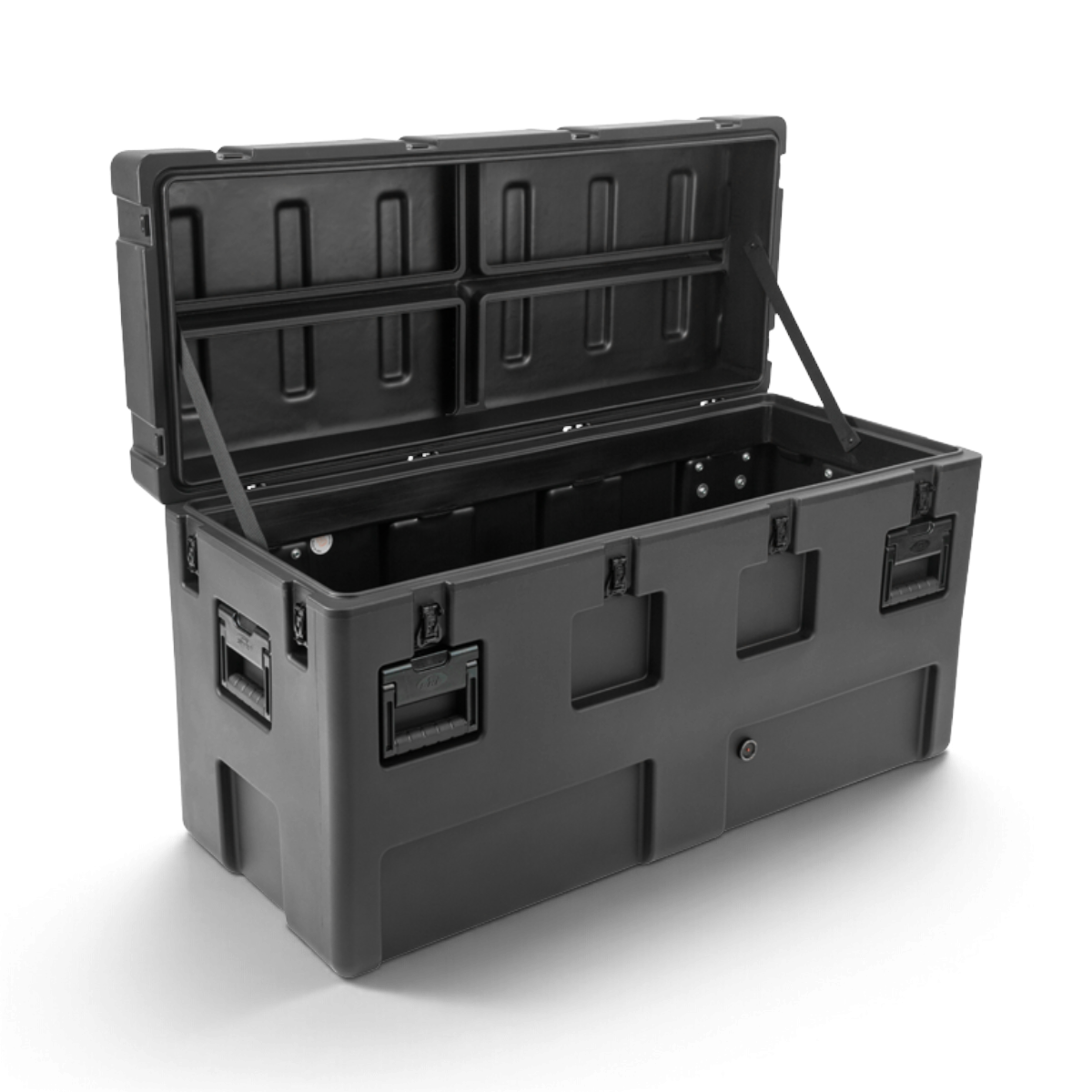 SKB Cases rSeries 4416-24 black roto-molded military shipping case with stainless steel latches and open lid
