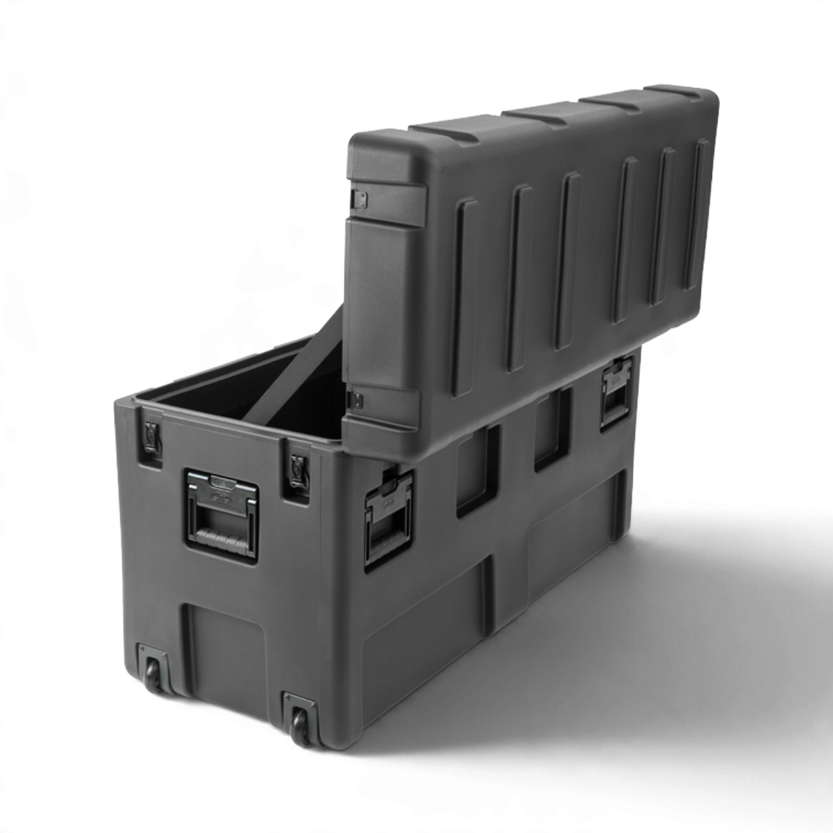 SKB Cases rSeries 4416-24 black roto-molded military shipping case with wheels and stainless steel latches.