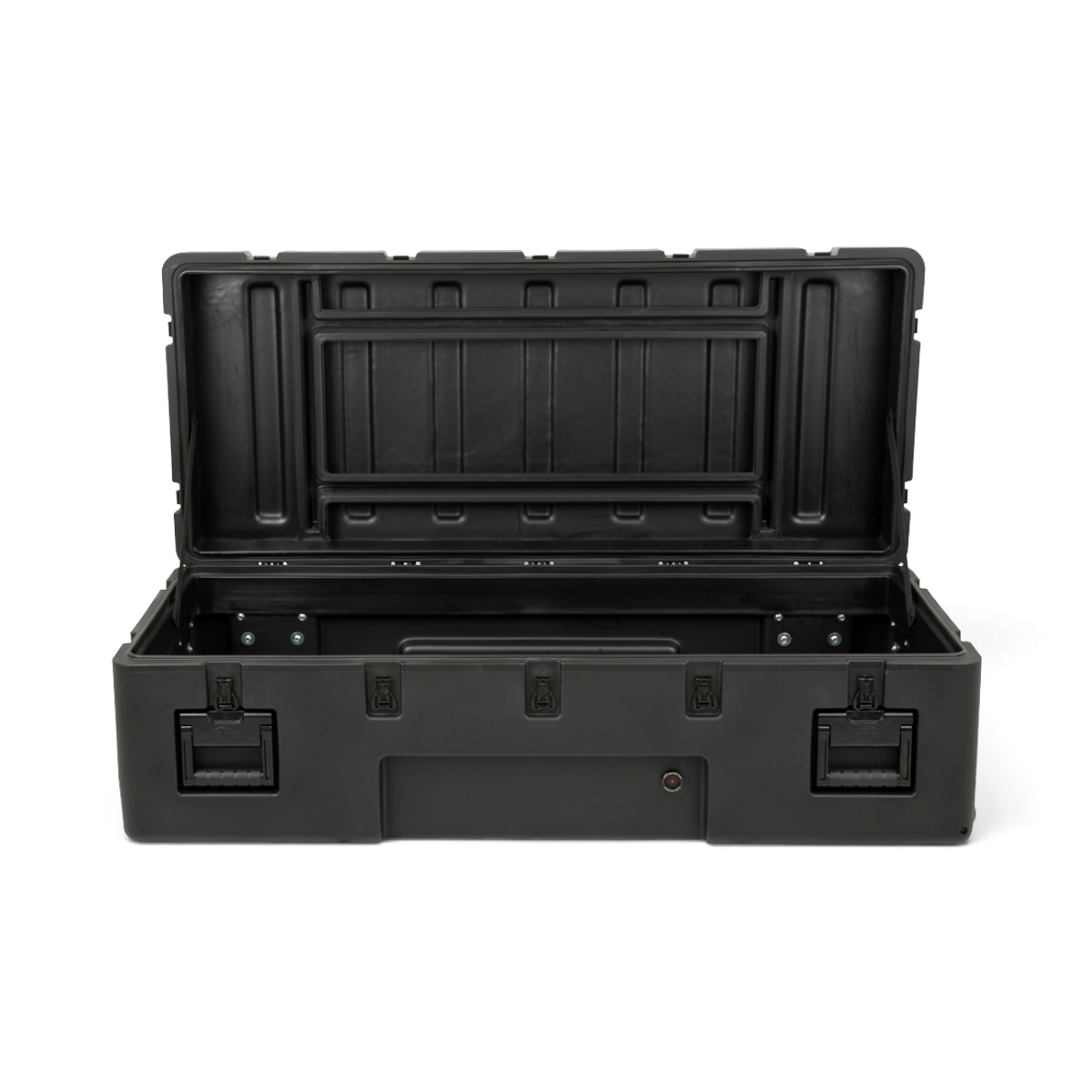 SKB Cases rSeries 5020-14 black roto-molded military-grade equipment case with open lid and stainless steel latches