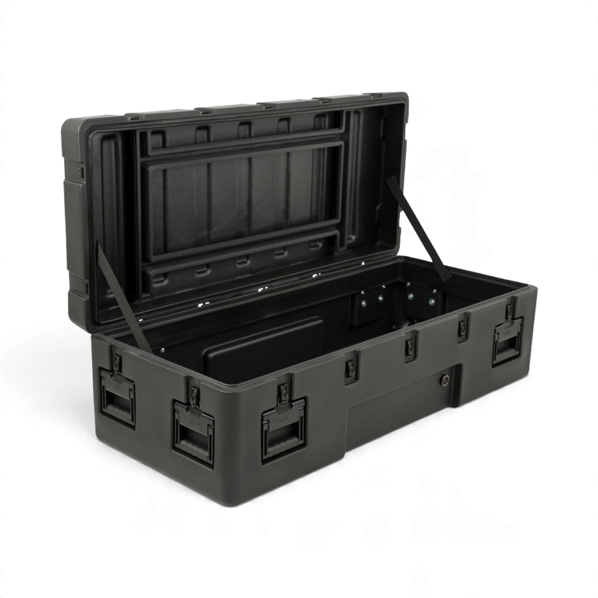 SKB Cases rSeries 5020-14 black roto-molded military-standard shipping case with open lid and stainless steel latches