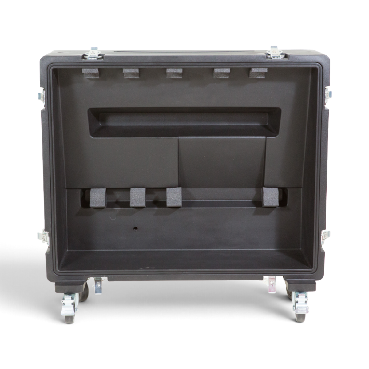 SKB Cases rSeries mixer case for Behringer X32 with custom foam interior, heavy-duty latches, and rolling casters.