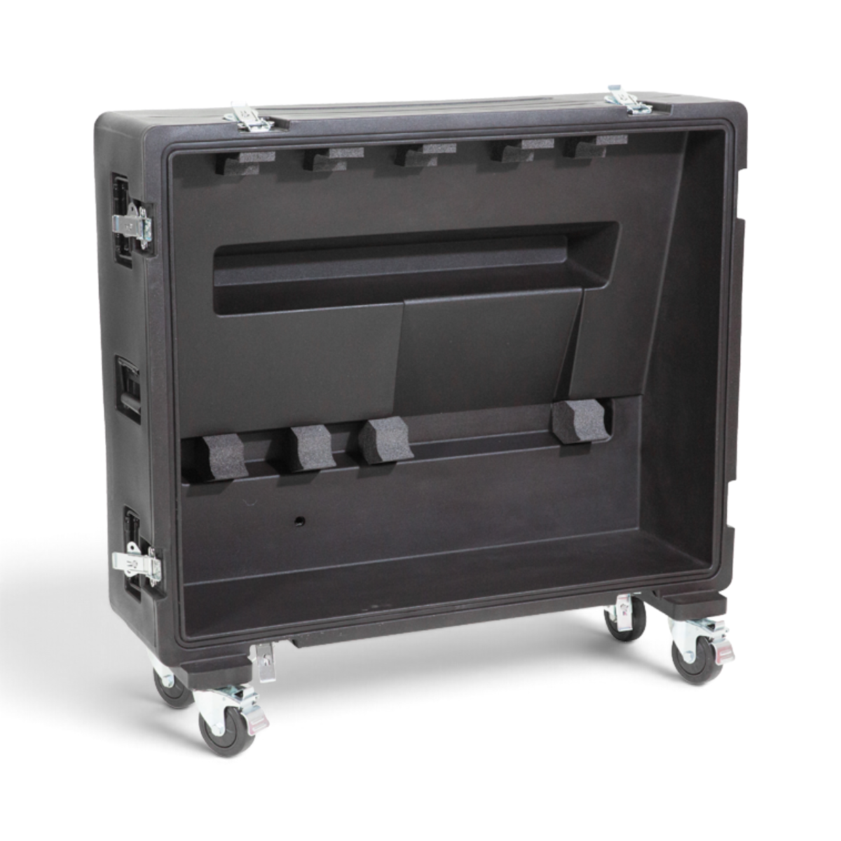 SKB Cases rSeries mixer case for Behringer X32 with roto-molded exterior, heavy-duty latches, and rolling casters.